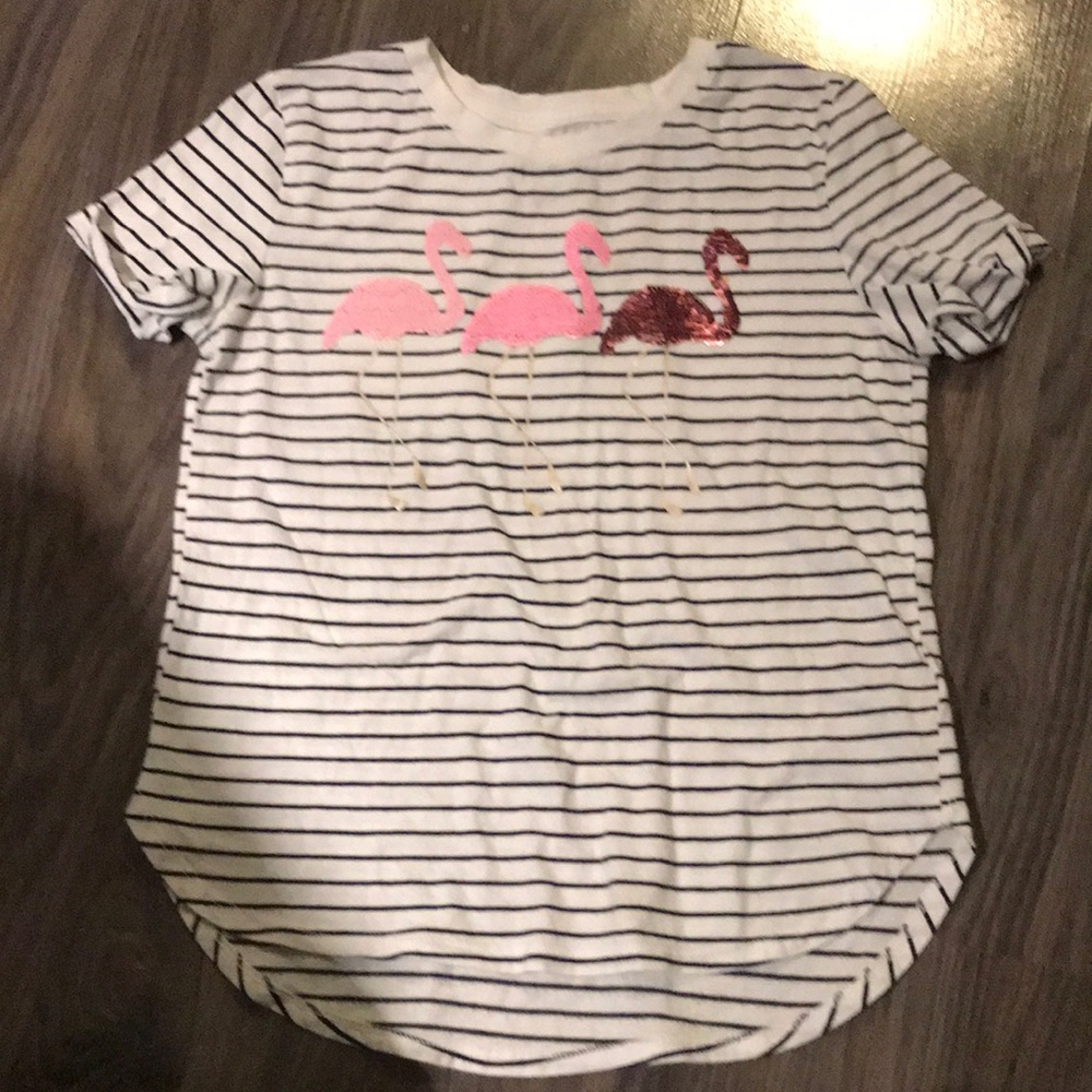 Gap White and Black Stripe T-shirt with flamingo flip sequins, NWOT